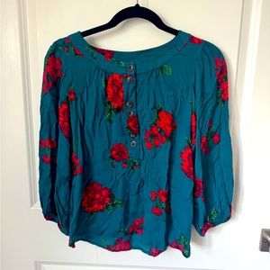 Anthropology Maeve Teal Red Floral Blouse